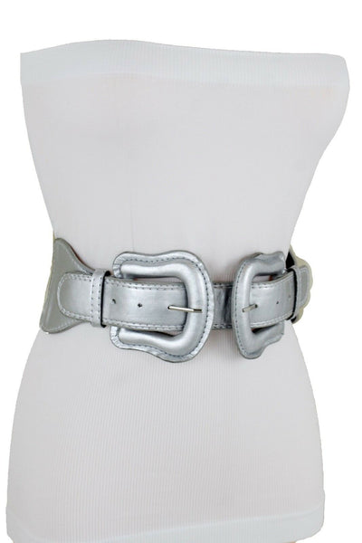 Women Dark Purple Green Red Silver Stretch Belt Eggplant Hip Waist Faux Leather 2 Buckle M L