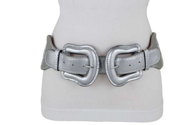Women Dark Purple Green Red Silver Stretch Belt Eggplant Hip Waist Faux Leather 2 Buckle M L