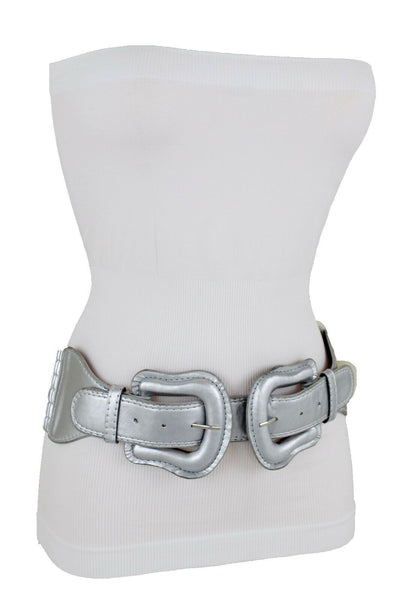 Women Dark Purple Green Red Silver Stretch Belt Eggplant Hip Waist Faux Leather 2 Buckle M L