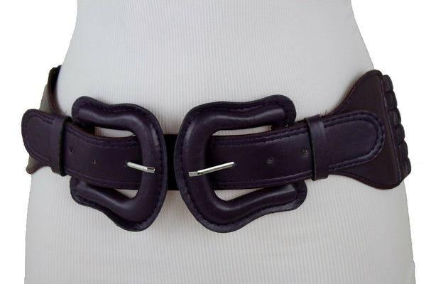 Women Dark Purple Green Red Silver Stretch Belt Eggplant Hip Waist Faux Leather 2 Buckle M L
