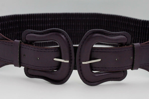 Women Dark Purple Green Red Silver Stretch Belt Eggplant Hip Waist Faux Leather 2 Buckle M L