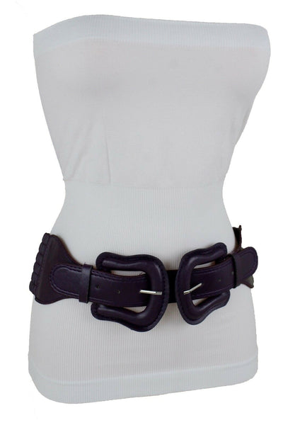 Women Dark Purple Green Red Silver Stretch Belt Eggplant Hip Waist Faux Leather 2 Buckle M L