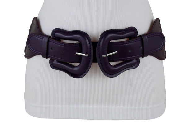 Women Dark Purple Green Red Silver Stretch Belt Eggplant Hip Waist Faux Leather 2 Buckle M L