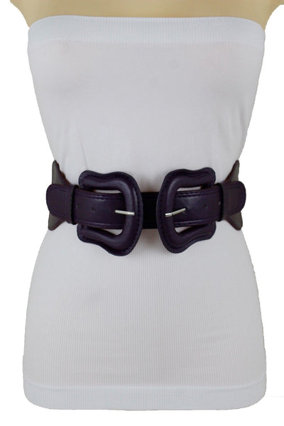 Women Dark Purple Green Red Silver Stretch Belt Eggplant Hip Waist Faux Leather 2 Buckle M L