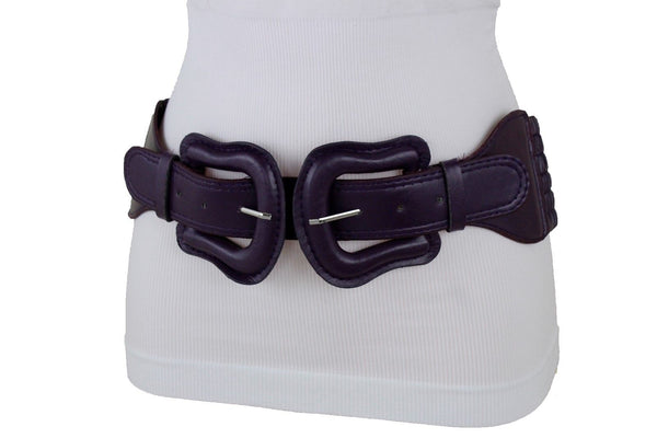 Women Dark Purple Green Red Silver Stretch Belt Eggplant Hip Waist Faux Leather 2 Buckle M L