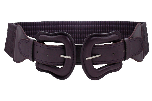 Women Dark Purple Green Red Silver Stretch Belt Eggplant Hip Waist Faux Leather 2 Buckle M L