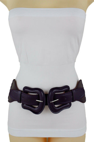 Women Dark Purple Green Red Silver Stretch Belt Eggplant Hip Waist Faux Leather 2 Buckle M L