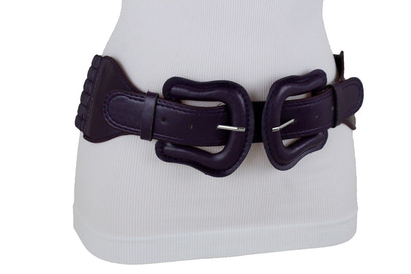 Women Dark Purple Green Red Silver Stretch Belt Eggplant Hip Waist Faux Leather 2 Buckle M L