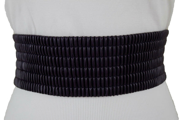 Women Dark Purple Green Red Silver Stretch Belt Eggplant Hip Waist Faux Leather 2 Buckle M L