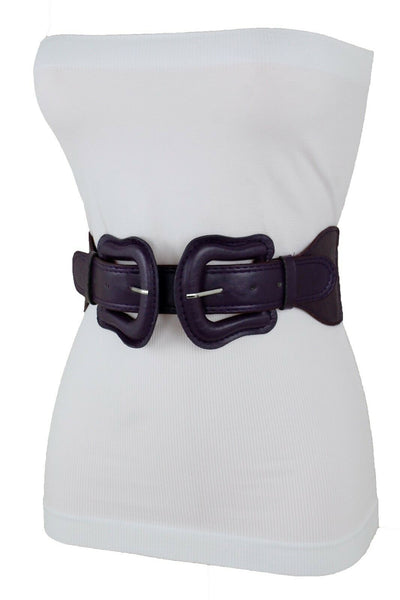 Women Dark Purple Green Red Silver Stretch Belt Eggplant Hip Waist Faux Leather 2 Buckle M L