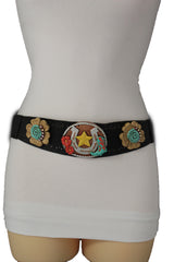 Black Faux Leather Stretch Waist Flowers Boots Horseshoe Star Western Belt S-M