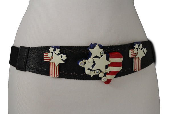 Black Leather Stretch Western Belt Cross State USA Flag New Women Fashion Accessories S M