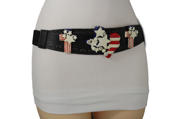Black Leather Stretch Western Belt Cross State USA Flag New Women Fashion Accessories S M