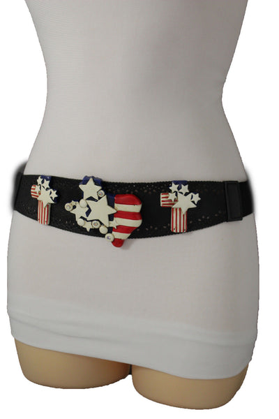 Black Leather Stretch Western Belt Cross State USA Flag New Women Fashion Accessories S M
