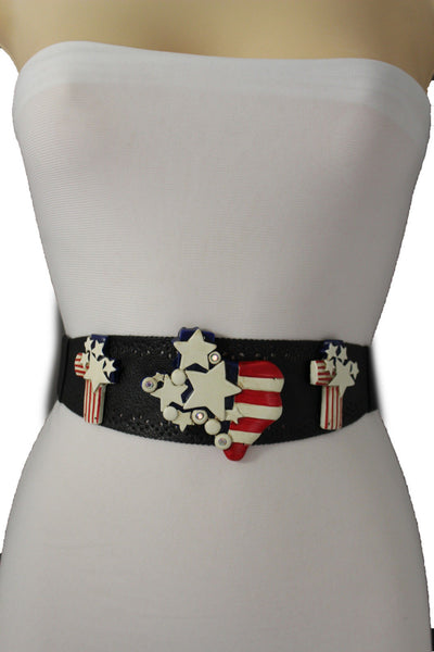 Black Leather Stretch Western Belt Cross State USA Flag New Women Fashion Accessories S M