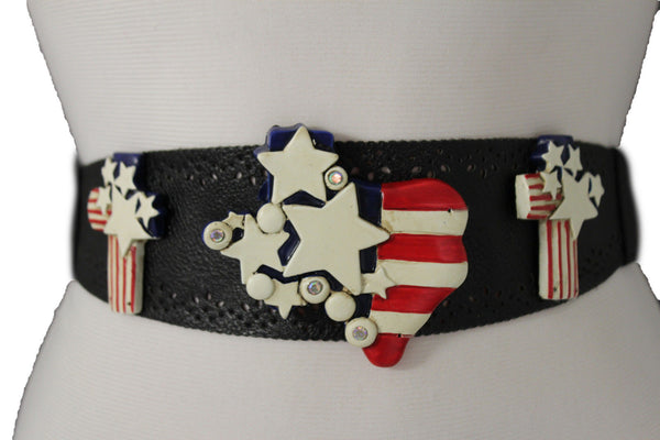 Black Leather Stretch Western Belt Cross State USA Flag New Women Fashion Accessories S M