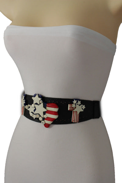 Black Leather Stretch Western Belt Cross State USA Flag New Women Fashion Accessories S M