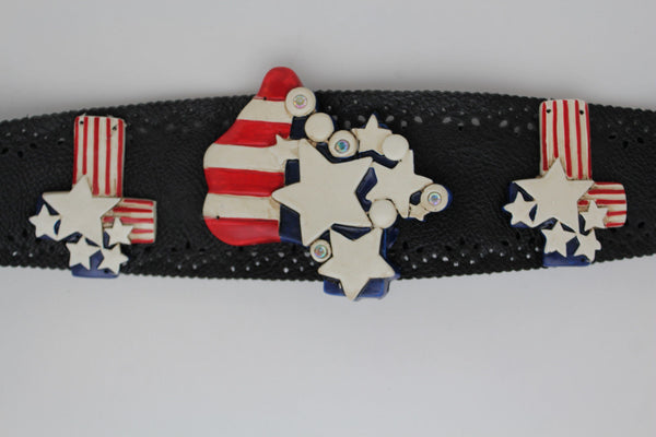 Black Leather Stretch Western Belt Cross State USA Flag New Women Fashion Accessories S M