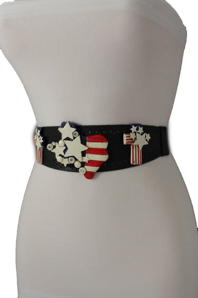 Black Leather Stretch Western Belt Cross State USA Flag New Women Fashion Accessories S M