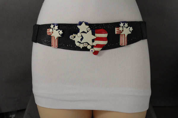 Black Leather Stretch Western Belt Cross State USA Flag New Women Fashion Accessories S M