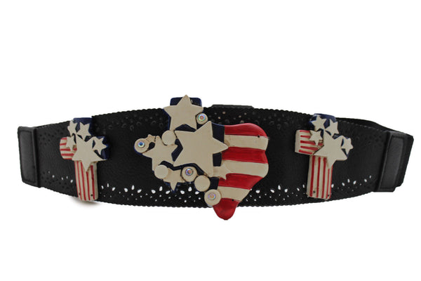 Black Leather Stretch Western Belt Cross State USA Flag New Women Fashion Accessories S M