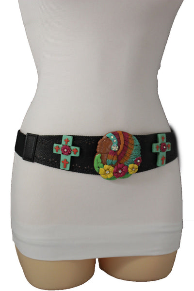 Black Faux Leather Stretch Turquoise Cross Flowers Indian Western Belt Women Accessories S-M