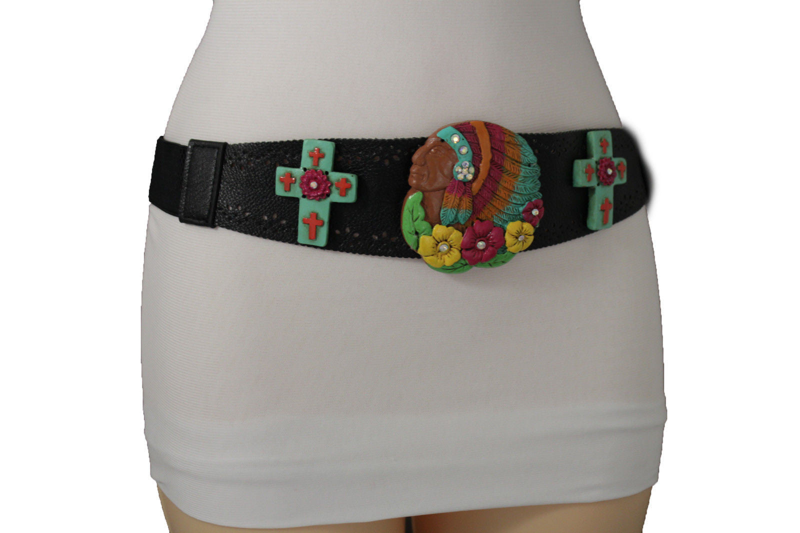 Black Faux Leather Stretch Turquoise Cross Flowers Indian 
