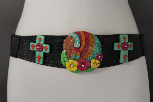 Black Faux Leather Stretch Turquoise Cross Flowers Indian Western Belt Women Accessories S-M