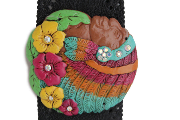 Black Faux Leather Stretch Turquoise Cross Flowers Indian Western Belt Women Accessories S-M