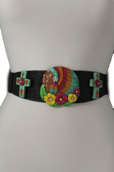 Black Faux Leather Stretch Turquoise Cross Flowers Indian Western Belt Women Accessories S-M