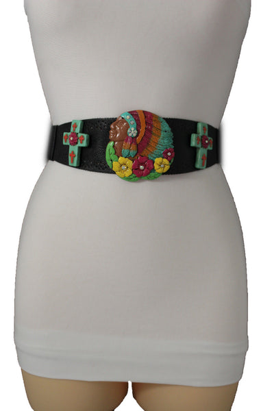 Black Faux Leather Stretch Turquoise Cross Flowers Indian Western Belt Women Accessories S-M