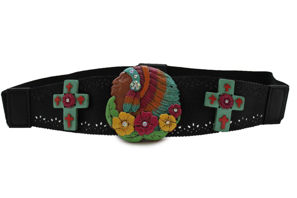Black Faux Leather Stretch Turquoise Cross Flowers Indian Western Belt Women Accessories S-M