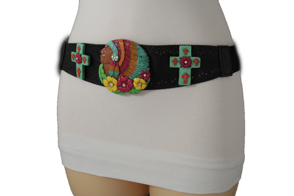 Black Faux Leather Stretch Turquoise Cross Flowers Indian Western Belt Women Accessories S-M