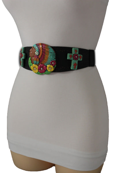 Black Faux Leather Stretch Turquoise Cross Flowers Indian Western Belt Women Accessories S-M