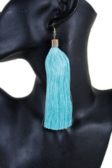 New Teal Blue Fabric Tassel Long Fringe Earrings Set