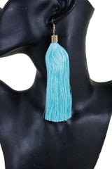 New Teal Blue Fabric Tassel Long Fringe Earrings Set