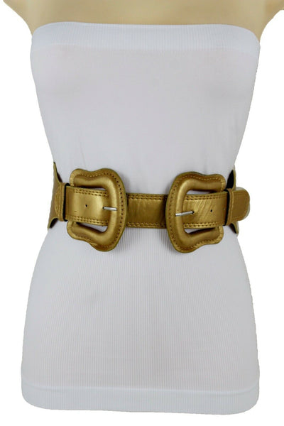 Women Dark Purple Green Red Silver Stretch Belt Eggplant Hip Waist Faux Leather 2 Buckle M L