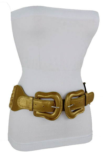 Women Dark Purple Green Red Silver Stretch Belt Eggplant Hip Waist Faux Leather 2 Buckle M L