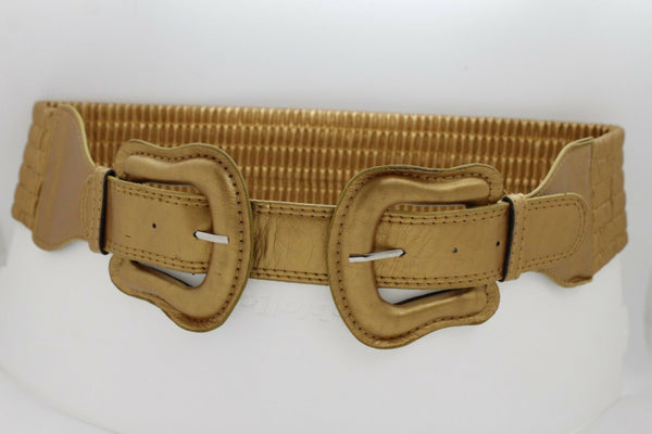 Women Dark Purple Green Red Silver Stretch Belt Eggplant Hip Waist Faux Leather 2 Buckle M L