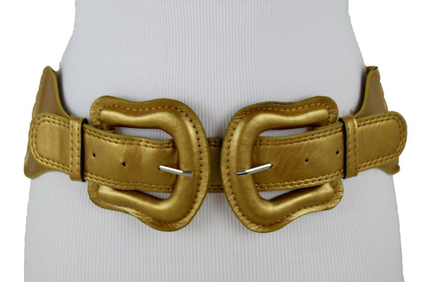 Women Dark Purple Green Red Silver Stretch Belt Eggplant Hip Waist Faux Leather 2 Buckle M L
