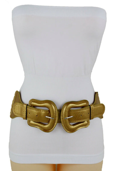 Women Dark Purple Green Red Silver Stretch Belt Eggplant Hip Waist Faux Leather 2 Buckle M L
