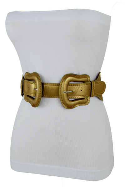 Women Dark Purple Green Red Silver Stretch Belt Eggplant Hip Waist Faux Leather 2 Buckle M L