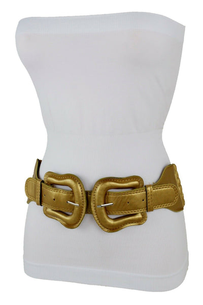 Women Dark Purple Green Red Silver Stretch Belt Eggplant Hip Waist Faux Leather 2 Buckle M L