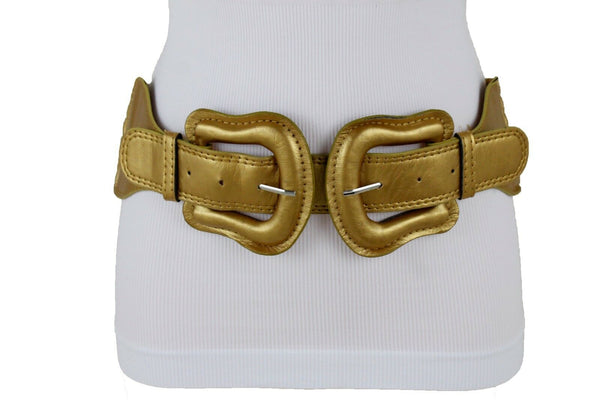 Women Dark Purple Green Red Silver Stretch Belt Eggplant Hip Waist Faux Leather 2 Buckle M L