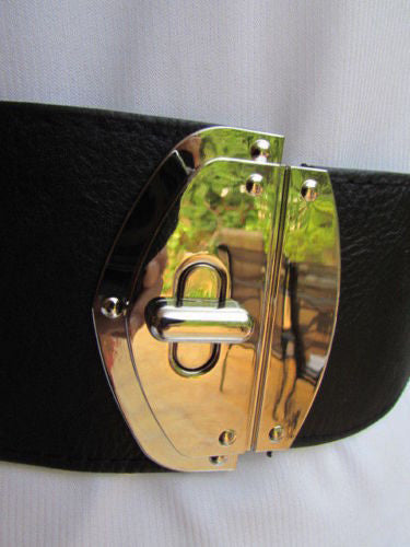 Black Faux Leather Gold Side Ring Wide Elastic Waist Hip Belt Buckle New Women Fashion S M - alwaystyle4you - 10