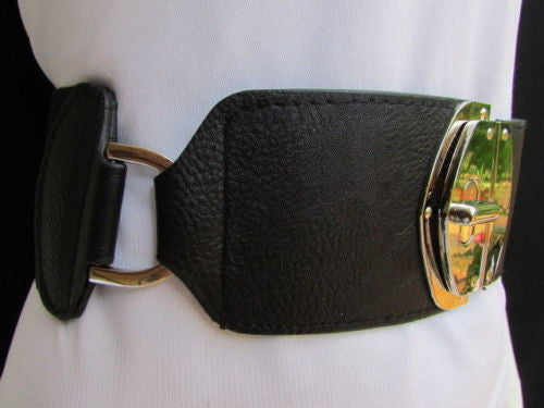 Black Faux Leather Gold Side Ring Wide Elastic Waist Hip Belt Buckle New Women Fashion S M - alwaystyle4you - 12