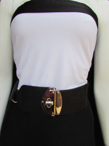 Black Faux Leather Gold Side Ring Wide Elastic Waist Hip Belt Buckle New Women Fashion S M - alwaystyle4you - 13
