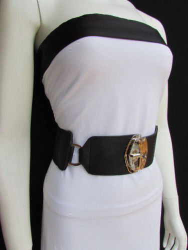 Black Faux Leather Gold Side Ring Wide Elastic Waist Hip Belt Buckle New Women Fashion S M - alwaystyle4you - 3
