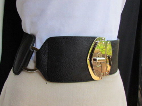 Black Faux Leather Gold Side Ring Wide Elastic Waist Hip Belt Buckle New Women Fashion S M - alwaystyle4you - 5