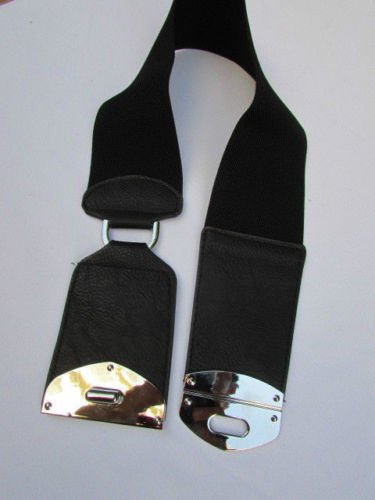 Black Faux Leather Gold Side Ring Wide Elastic Waist Hip Belt Buckle New Women Fashion S M - alwaystyle4you - 6